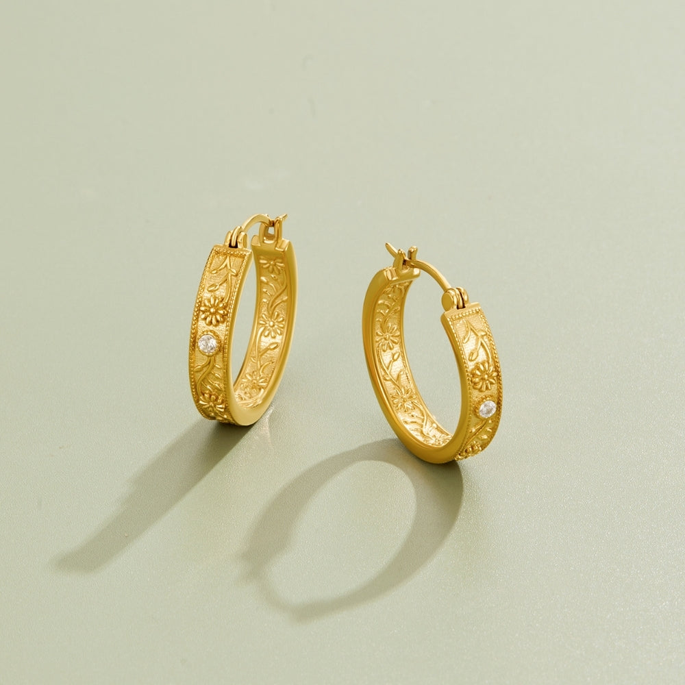 Golden Sculpted Flower Hoop Earrings