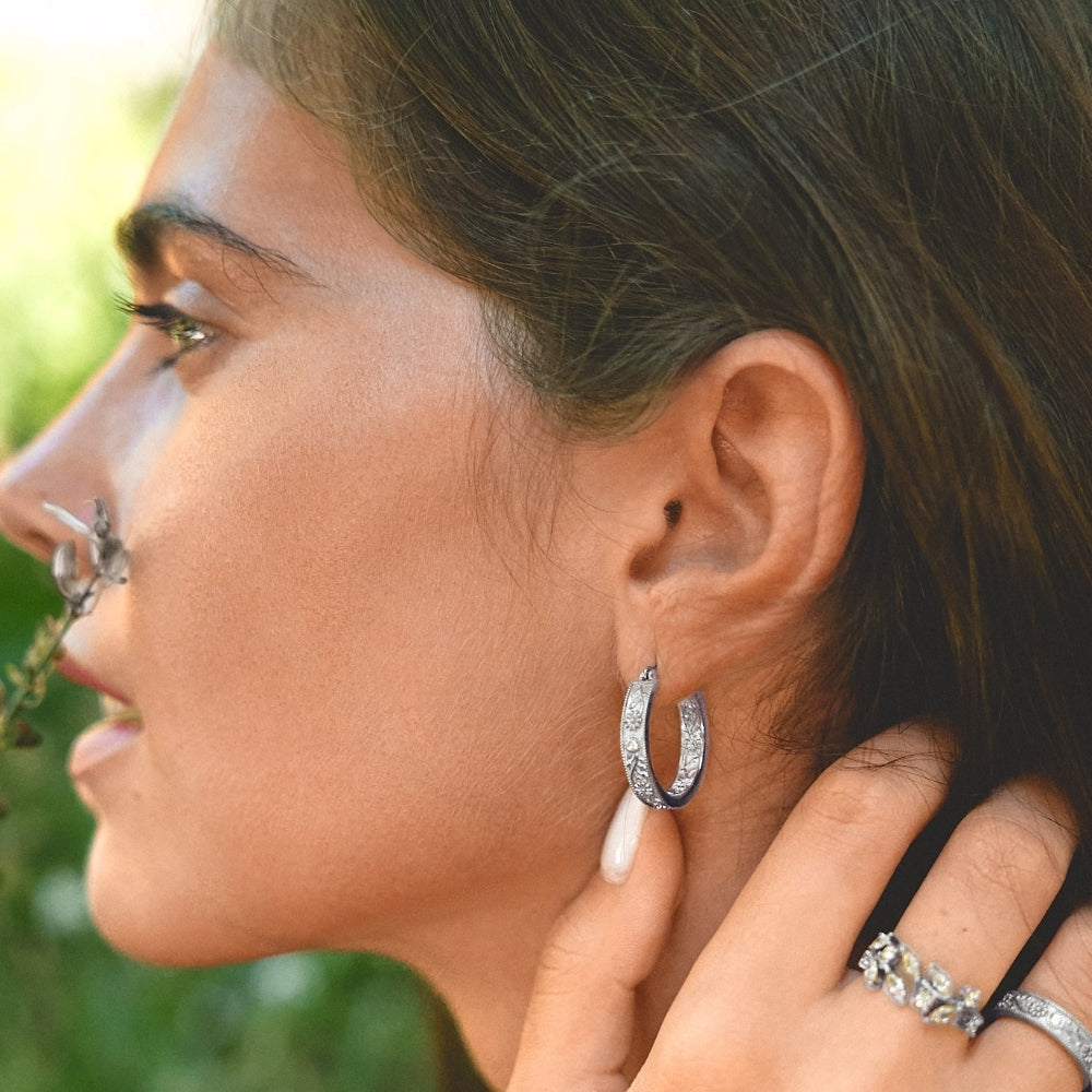 Silver Sculpted Flower Hoop Earrings