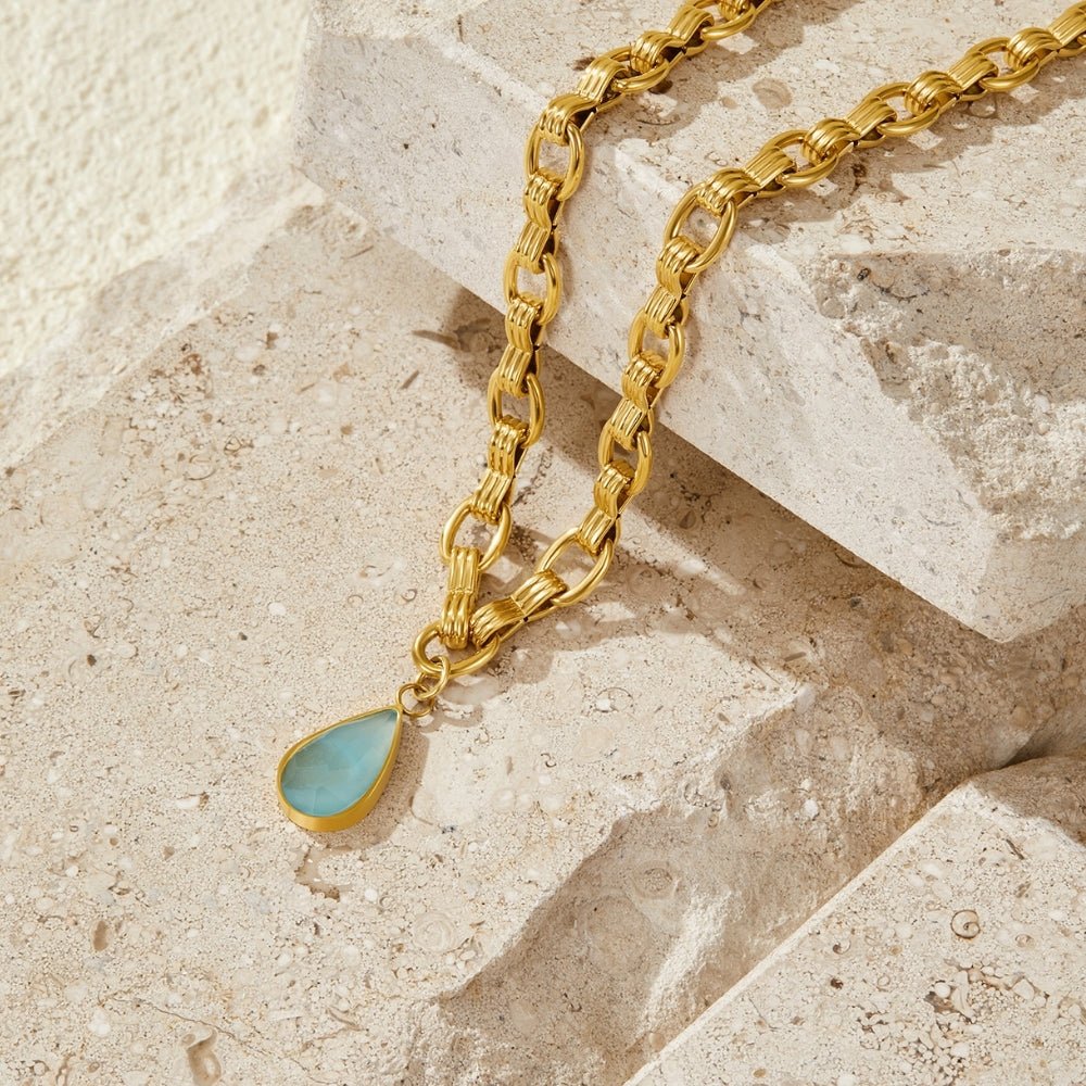 Aqua Stone Drop Gold Chain Necklace - Beautiful Earth Boutique