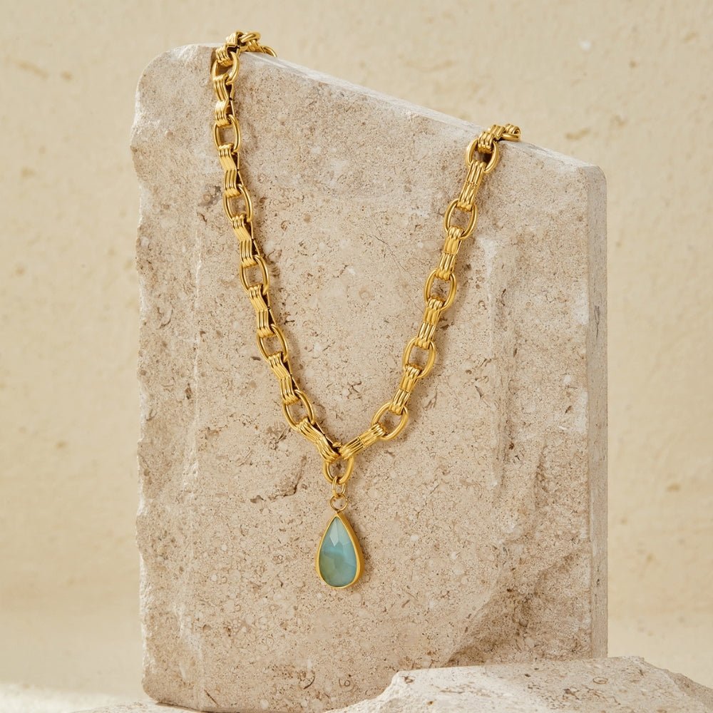 Aqua Stone Drop Gold Chain Necklace - Beautiful Earth Boutique