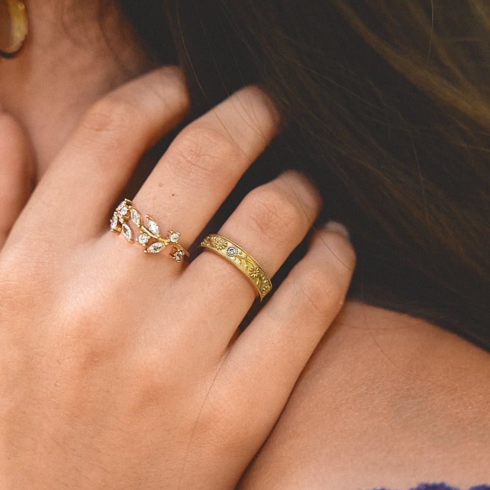 Golden Sculpted Flower Band Ring - Beautiful Earth Boutique